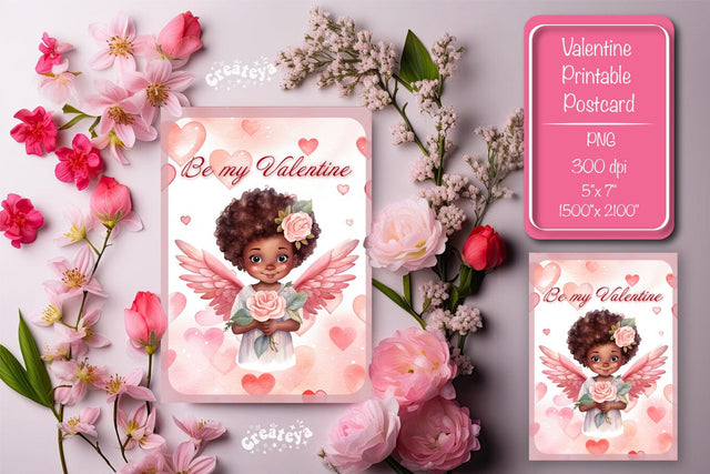 Printable Valentine card with baby angel with wings St Valentine's Day postcard Watercolor Sublimation Createya Design 