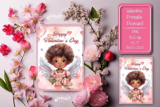 Printable Valentine card with baby angel with wings St Valentine's Day postcard Watercolor Sublimation Createya Design 