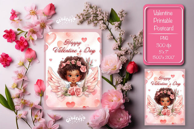Printable Valentine card with baby angel with wings St Valentine's Day postcard Watercolor Sublimation Createya Design 