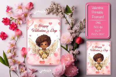 Printable Valentine card with baby angel with wings St Valentine's Day postcard Watercolor Sublimation Createya Design 