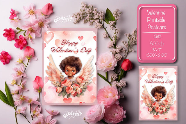 Printable Valentine card with baby angel with wings St Valentine's Day postcard Watercolor Sublimation Createya Design 