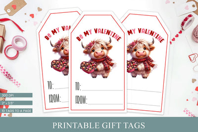 Printable Valentine Gift Tags - Cute Highland Cow Design 3D Paper BijouBay 
