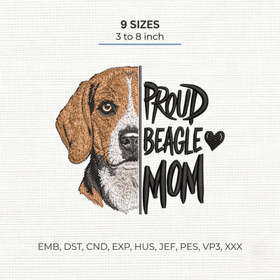 Proud Beagle Mom Embroidery Design – Beagle Dog Mom Portrait Machine Embroidery File, 9 Sizes 3 to 8 Inch Embroidery/Applique DESIGNS PatternFeed8 