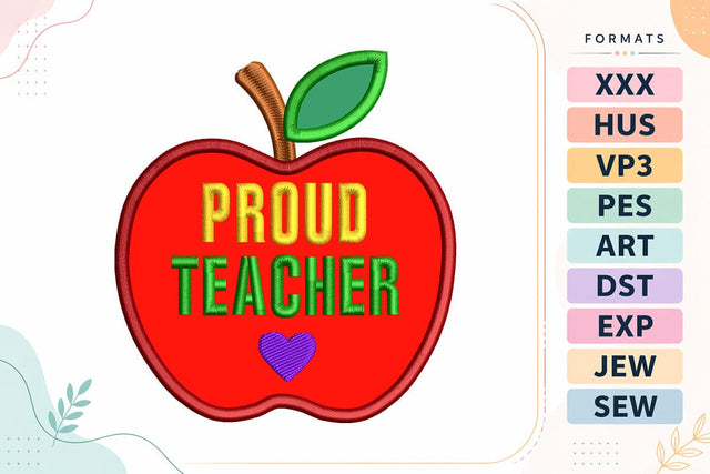 Proud Teacher Apple Applique Back To School Embroidery Design Embroidery/Applique DESIGNS sg embroidery 