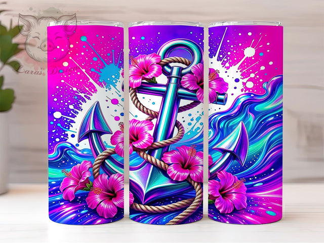 Psychedelic Anchor Hibiscus 20oz Tumbler, Psychedelic Style, Anchor Motif, Hibiscus Flower, Tropical Theme, Vibrant Colors, Skinny Tumbler, Sublimation PNG Sublimation Lara' s Designs 