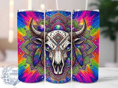 Psychedelic Bull Skull 20oz Tumbler, Bull Skull Motif, Psychedelic Theme, Skull Art Design, Whimsical Accent, Trippy Charm, Sublimation Wrap, 20oz Tumbler Sublimation ToriDesigns 