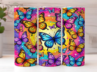 Psychedelic Butterfly Glow 20oz Tumbler, Psychedelic Theme, Butterfly Motif, Glow Effect, Colorful Pattern, Whimsical Style, Skinny Tumbler, Sublimation PNG Sublimation Lara' s Designs 