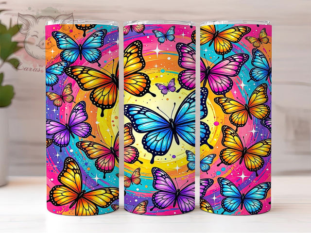 Psychedelic Butterfly Glow 20oz Tumbler, Psychedelic Theme, Butterfly Motif, Glow Effect, Colorful Pattern, Whimsical Style, Skinny Tumbler, Sublimation PNG Sublimation Lara' s Designs 