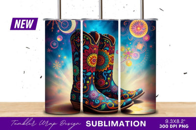 Psychedelic Cowboy Boots With Floral Ornament Tumbler Png Sublimation Regulrcrative 