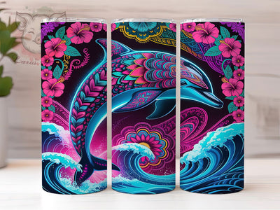 Psychedelic Dolphin Mandala Glow 20oz Tumbler, Psychedelic Theme, Dolphin Motif, Mandala Design, Glow Effect, Ocean Vibes, Skinny Tumbler, Sublimation PNG Sublimation Lara' s Designs 