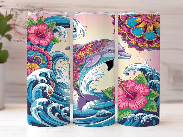 Psychedelic Dolphin Ocean 20oz Tumbler, Ocean Waves, Digital Artwork, Vibrant Sea Life, Fantasy Ocean, Skinny Tumbler, Sublimation PNG Sublimation Lara' s Designs 
