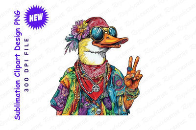Psychedelic Duck With Peace Sign And Sunglasses Hippie Style Illustration Sublimation Regulrcrative 