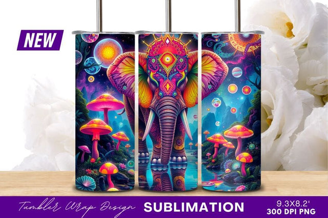 Psychedelic Elephant In A Colorful Mushroom Forest Sublimation Regulrcrative 