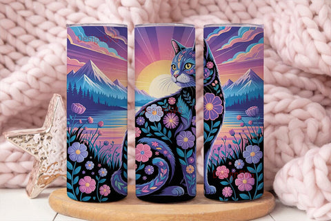 Psychedelic Floral Cat 20oz Tumbler Wrap Sublimation DesignSVG 