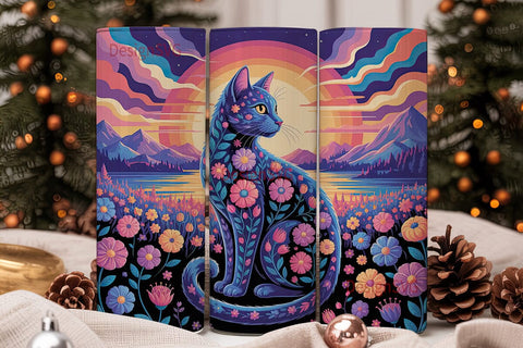 Psychedelic Floral Cat 20oz Tumbler Wrap Sublimation DesignSVG 