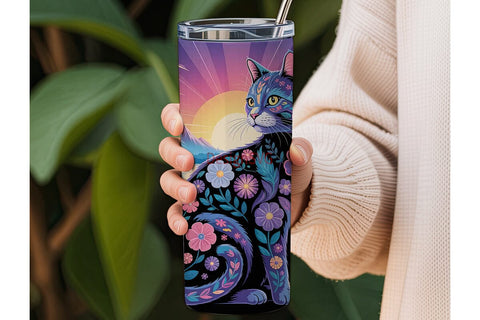 Psychedelic Floral Cat 20oz Tumbler Wrap Sublimation DesignSVG 