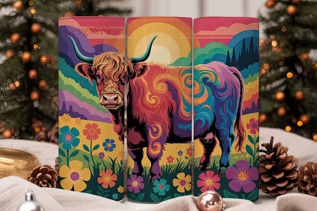 Psychedelic Highland Cow 20oz Tumbler Sublimation DesignSVG 