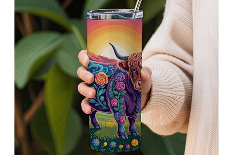 Psychedelic Highland Cow 20oz Tumbler Sublimation DesignSVG 