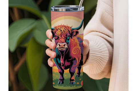 Psychedelic Highland Cow 20oz Tumbler Sublimation DesignSVG 