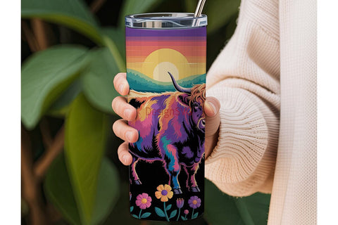 Psychedelic Highland Cow 20oz Tumbler Sublimation DesignSVG 