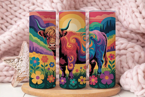 Psychedelic Highland Cow 20oz Tumbler Sublimation DesignSVG 