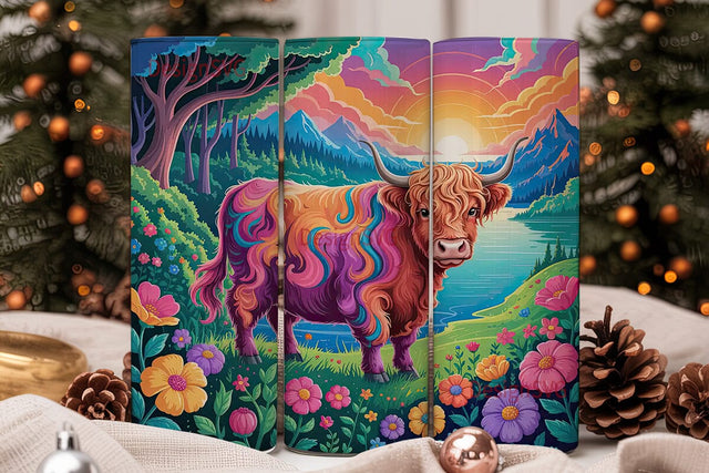 Psychedelic Highland Cow 20oz Tumbler Sublimation DesignSVG 