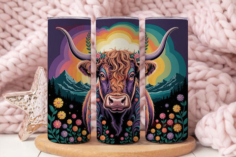 Psychedelic Highland Cow 20oz Tumbler Sublimation DesignSVG 