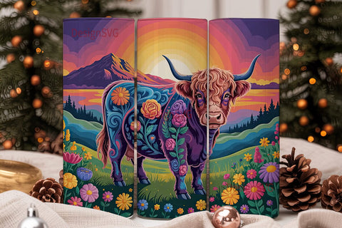Psychedelic Highland Cow 20oz Tumbler Sublimation DesignSVG 