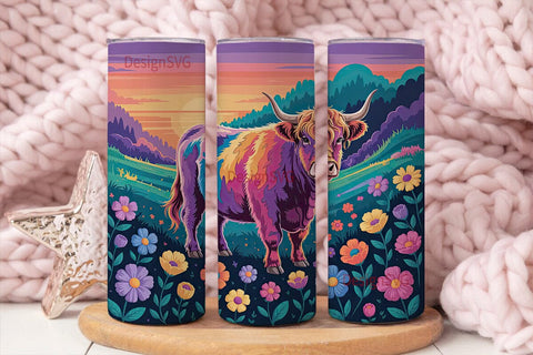 Psychedelic Highland Cow 20oz Tumbler Sublimation DesignSVG 