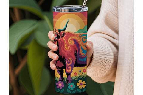 Psychedelic Highland Cow 20oz Tumbler Sublimation DesignSVG 