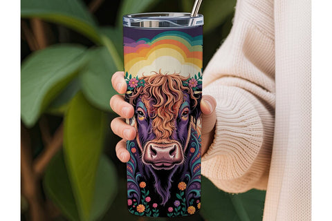 Psychedelic Highland Cow 20oz Tumbler Sublimation DesignSVG 