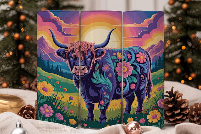 Psychedelic Highland Cow 20oz Tumbler Sublimation DesignSVG 