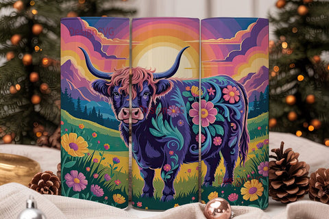 Psychedelic Highland Cow 20oz Tumbler Sublimation DesignSVG 
