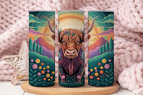 Psychedelic Highland Cow 20oz Tumbler Sublimation DesignSVG 