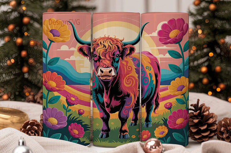 Psychedelic Highland Cow 20oz Tumbler Sublimation DesignSVG 