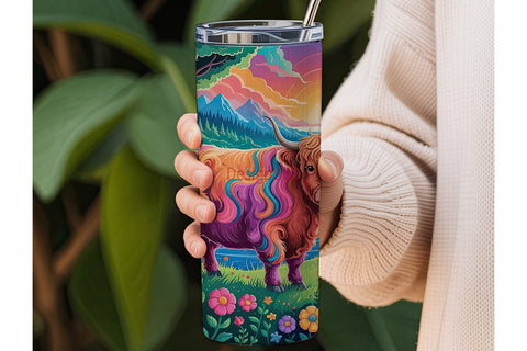 Psychedelic Highland Cow 20oz Tumbler Sublimation DesignSVG 