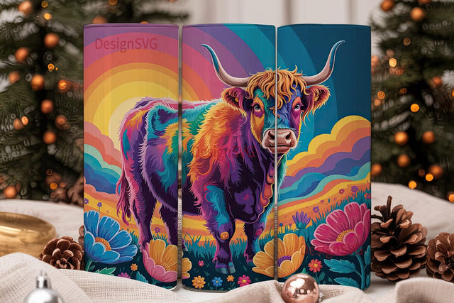 Psychedelic Highland Cow 20oz Tumbler Sublimation DesignSVG 