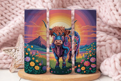 Psychedelic Highland Cow 20oz Tumbler Sublimation DesignSVG 