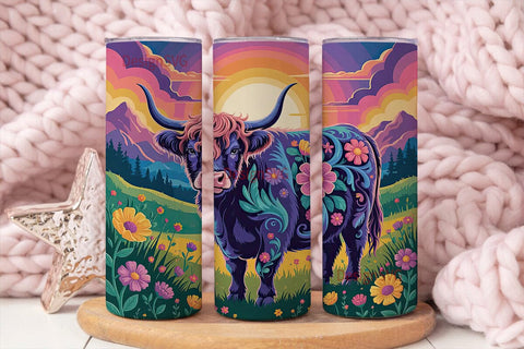Psychedelic Highland Cow 20oz Tumbler Sublimation DesignSVG 