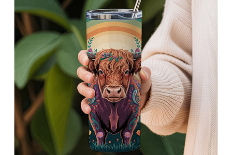 Psychedelic Highland Cow 20oz Tumbler Sublimation DesignSVG 