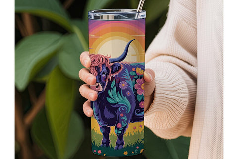 Psychedelic Highland Cow 20oz Tumbler Sublimation DesignSVG 