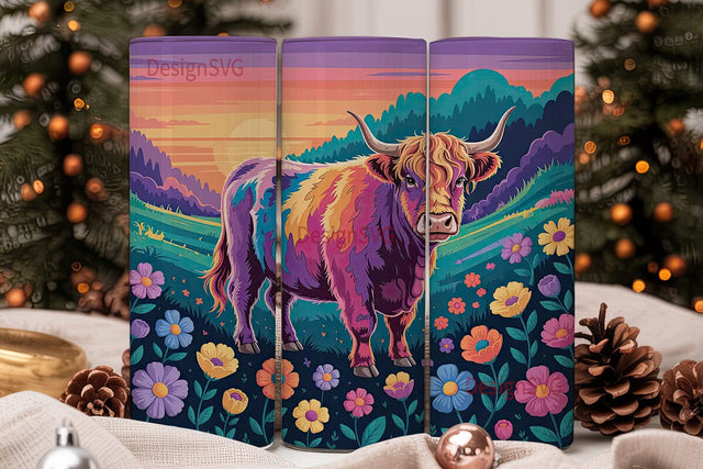 Psychedelic Highland Cow 20oz Tumbler Sublimation DesignSVG 