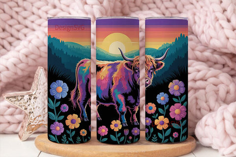 Psychedelic Highland Cow 20oz Tumbler Sublimation DesignSVG 