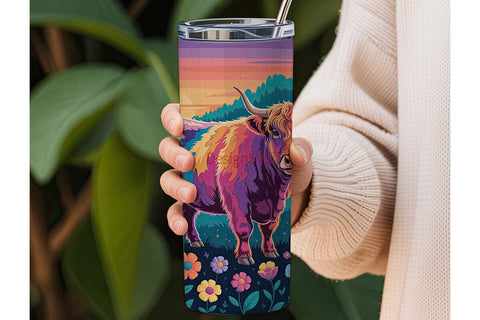 Psychedelic Highland Cow 20oz Tumbler Sublimation DesignSVG 