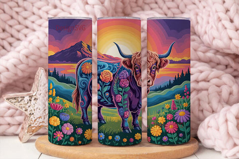 Psychedelic Highland Cow 20oz Tumbler Sublimation DesignSVG 