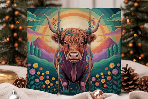 Psychedelic Highland Cow 20oz Tumbler Sublimation DesignSVG 