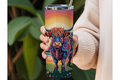Psychedelic Highland Cow 20oz Tumbler Sublimation DesignSVG 