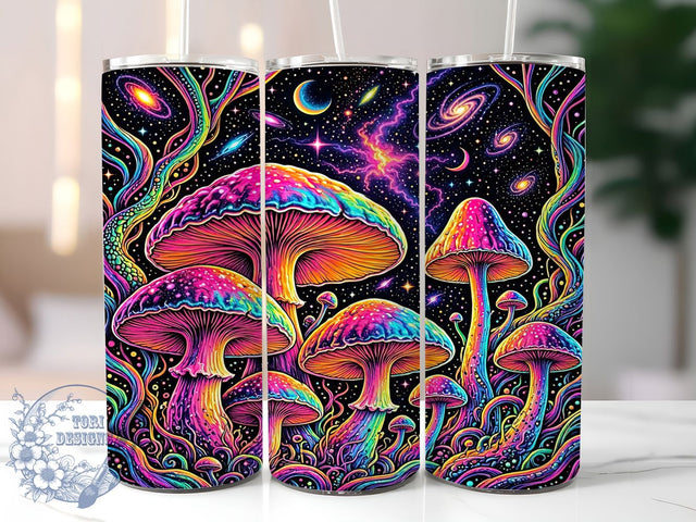 Psychedelic Neon Mushrooms 20oz Tumbler, Neon Mushrooms, Psychedelic Style, Trippy Theme, Sublimation Wrap, 20oz Tumbler, Vibrant Aesthetic, Retro Design Sublimation ToriDesigns 