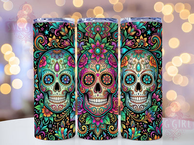 Psychedelic Sugar Skulls 20oz Tumbler, Skull Motif, Psychedelic Theme, Sugar Accent, Glow Art Design, Gothic Flair, Sublimation Wrap, 20oz Tumbler Sublimation SvggirlplusArt 