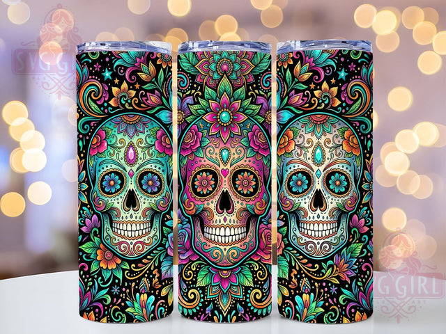 Psychedelic Sugar Skulls 20oz Tumbler, Skull Motif, Psychedelic Theme, Sugar Accent, Glow Art Design, Gothic Flair, Sublimation Wrap, 20oz Tumbler Sublimation SvggirlplusArt 